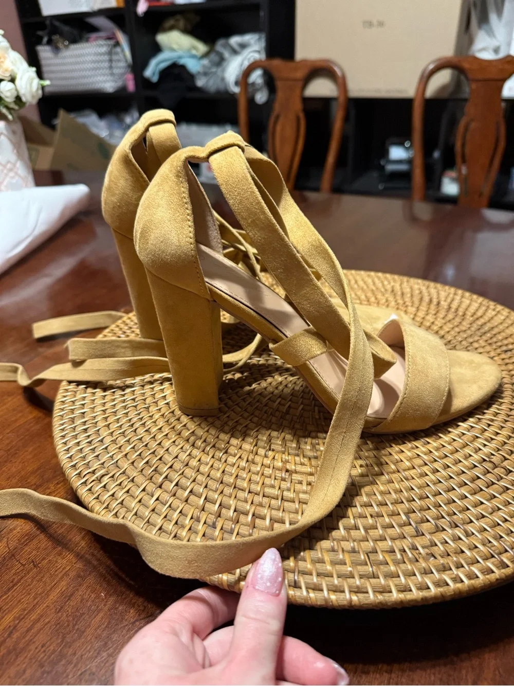 Suede Strappy Lace-Up‎ Sandals in Camel